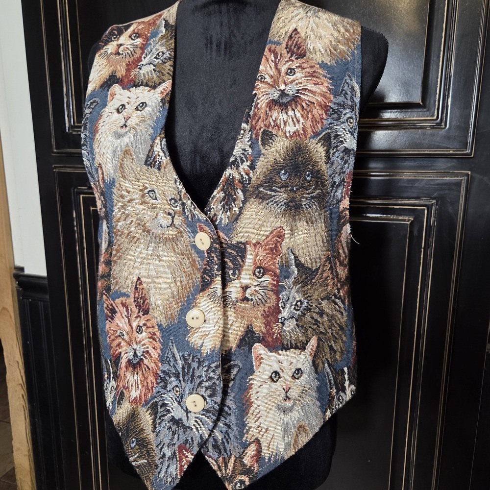 Vintage Facets All Over Cats Vest, Small To Medium, Cats , Cottage Core, Granny